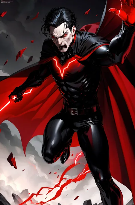 mature male vampire, pale skin, (red glowing eyes), black uniform, flowing cape, evil, angry, day, detailed, flying, cape, masterpiece, absurdres, best quality, dark, flat colors, 2D, action pose, power pose, limit break, <lora:clayMann-000012:0.75> (art by Mike Deodato:0.5)