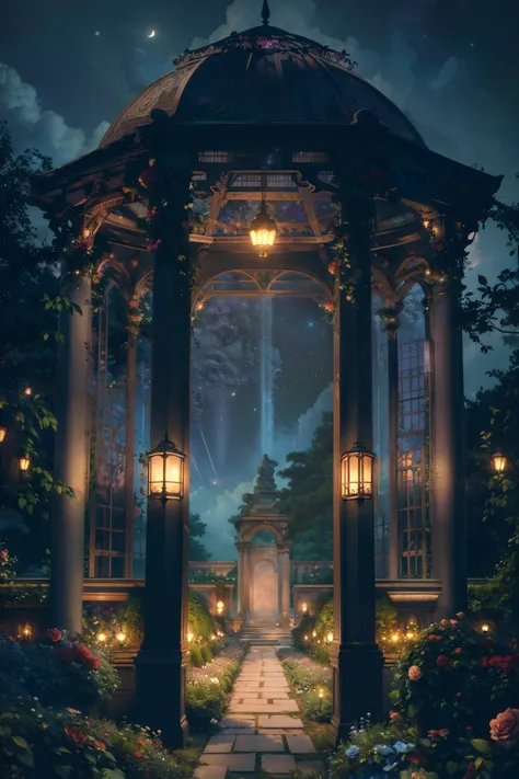 (Illustration:1.3), (secret garden), lush, floral, rose, (botanical), romanticism, moody, space, stars, nebula, beautiful clouds, moon, trellis, lattice, garden, gazebo, (realistic:1.5), (good shading), good architecture, volumetric lighting, cinematic, good architecture, (highest quality, award winning, masterpiece:1.5),