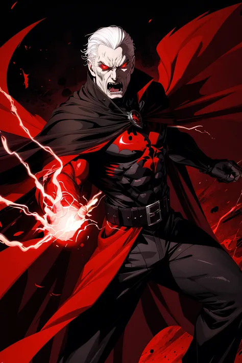 mature male vampire, pale skin, (red glowing eyes), black uniform, flowing cape, evil, angry, day, detailed, flying, cape, masterpiece, absurdres, best quality, dark, flat colors, 2D, action pose, power pose, limit break, <lora:clayMann-000012:0.75> (art by Mike Deodato:0.5)