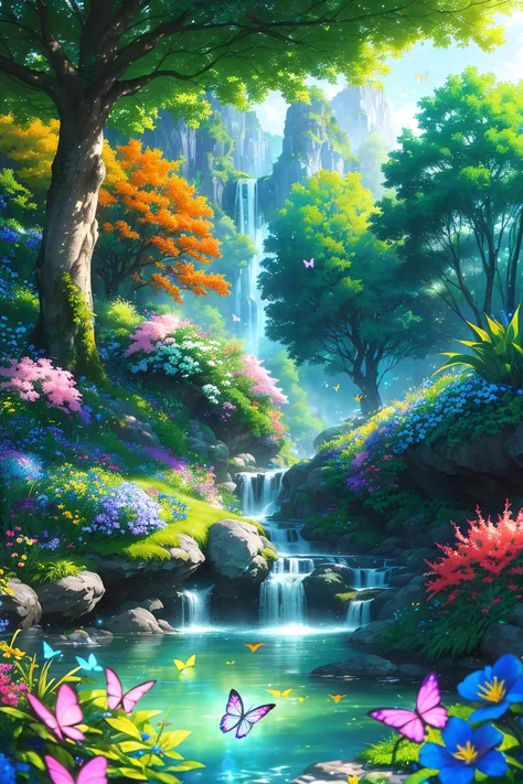 masterpiece, best quality, high quality, extremely detailed cg unity 8k wallpaper, )an extremely colorful and purely fantasy environment with vibrant hues and a bright sky), landscape of bright green grass, colorful trees, glittering fruits, and bright blue flowers, (the streams are a deep shade of blue green), and the air is filled with sweet exotic scents, (the environment appears to be taken out of a dream), with luminescent butterflies and giant colorful birds flying around, award winning photography, bokeh, depth of field, hdr, bloom, chromatic aberration, photorealistic:1.3, extremely detailed, trending on artstation, trending on cgsociety, intricate, high detail, dramatic, art by midjourney,