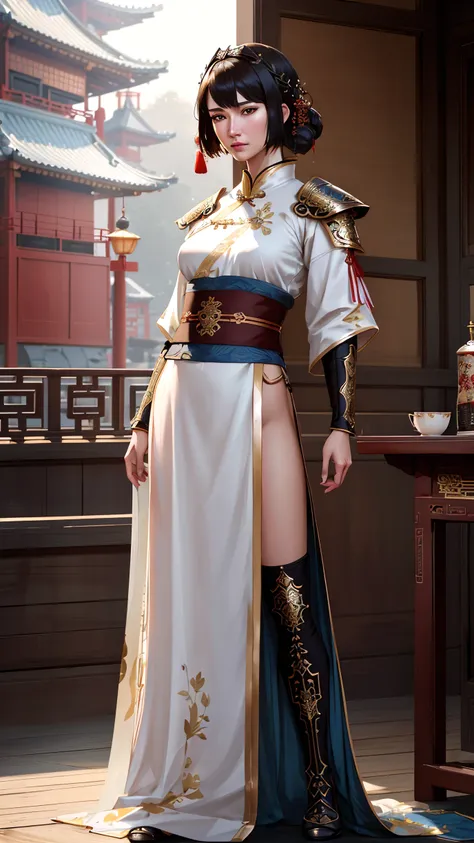 modelshoot style, (extremely detailed CG unity 8k wallpaper), full shot body photo of the most beautiful artwork in the world, , Atey Ghailan, Studio Ghibli, by Jeremy Mann, Greg Manchess, trending on ArtStation, trending on CGSociety, Intricate, detailed, detailed armor, realistic fabric texture, volumetric lighting, subsurface scattering, good anatomy, good proportions, High Detail, Sharp focus, dramatic, ((zskuijia), ((detailed Chinese armor)), ((ancient chinese armor)), (hanfu:1.2), realistic background, (beautiful asian face), (ultra-detailed,masterpiece), (photorealistic:1.5), (mature adult:1.6)
((art by adam hughes)), (highest quality illustration),
(masterpiece, award winning, best quality:1.3)