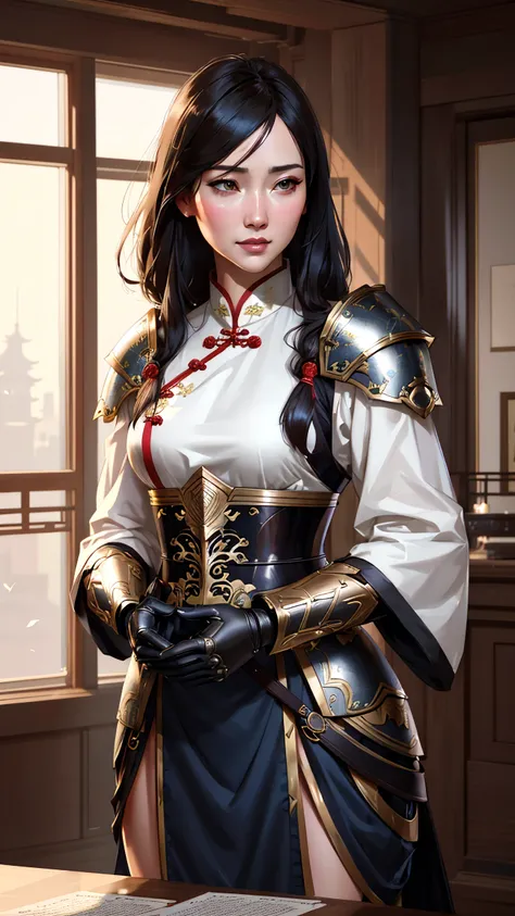 modelshoot style, (extremely detailed CG unity 8k wallpaper), full shot body photo of the most beautiful artwork in the world, , Atey Ghailan, Studio Ghibli, by Jeremy Mann, Greg Manchess, trending on ArtStation, trending on CGSociety, Intricate, detailed, detailed armor, realistic fabric texture, volumetric lighting, subsurface scattering, good anatomy, good proportions, High Detail, Sharp focus, dramatic, cinematic, dynamic pose, ((zskuijia)), ((detailed Chinese armor)), ((ancient chinese armor)), (hanfu:1.2), realistic background, (beautiful asian face), (ultra-detailed,masterpiece), (photorealistic:1.5), (mature adult:1.6)
((art by adam hughes)), (highest quality illustration), (line art:1.25), (2D)
(masterpiece, award winning, best quality:1.3)