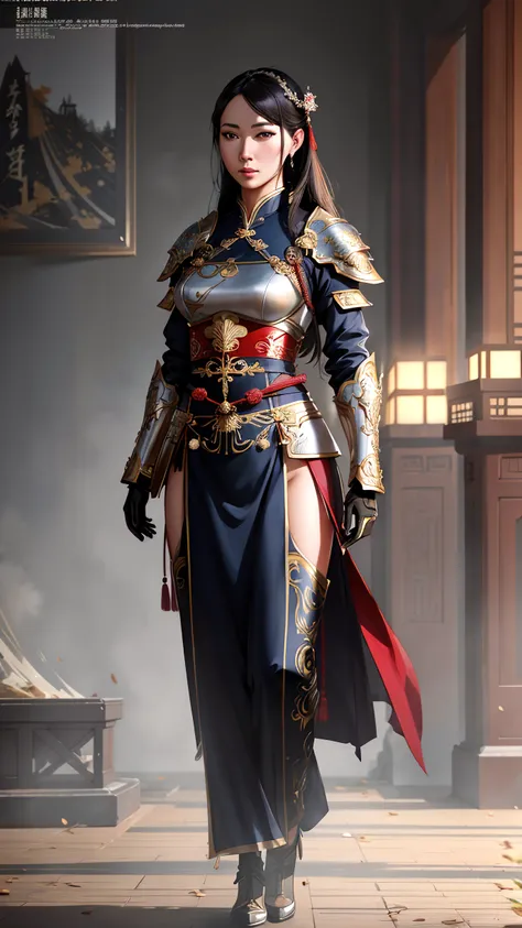 modelshoot style, (extremely detailed CG unity 8k wallpaper), full shot body photo of the most beautiful artwork in the world, , Atey Ghailan, Studio Ghibli, by Jeremy Mann, Greg Manchess, trending on ArtStation, trending on CGSociety, Intricate, detailed, detailed armor, realistic fabric texture, volumetric lighting, subsurface scattering, good anatomy, good proportions, High Detail, Sharp focus, dramatic, cinematic, dynamic pose, ((zskuijia)), ((detailed Chinese armor)), ((ancient chinese armor)), (hanfu:1.2), realistic background, (beautiful asian face), (ultra-detailed,masterpiece), (photorealistic:1.5), (mature adult:1.6)
((art by adam hughes)), (highest quality illustration), (line art:1.25), (2D)
(masterpiece, award winning, best quality:1.3)