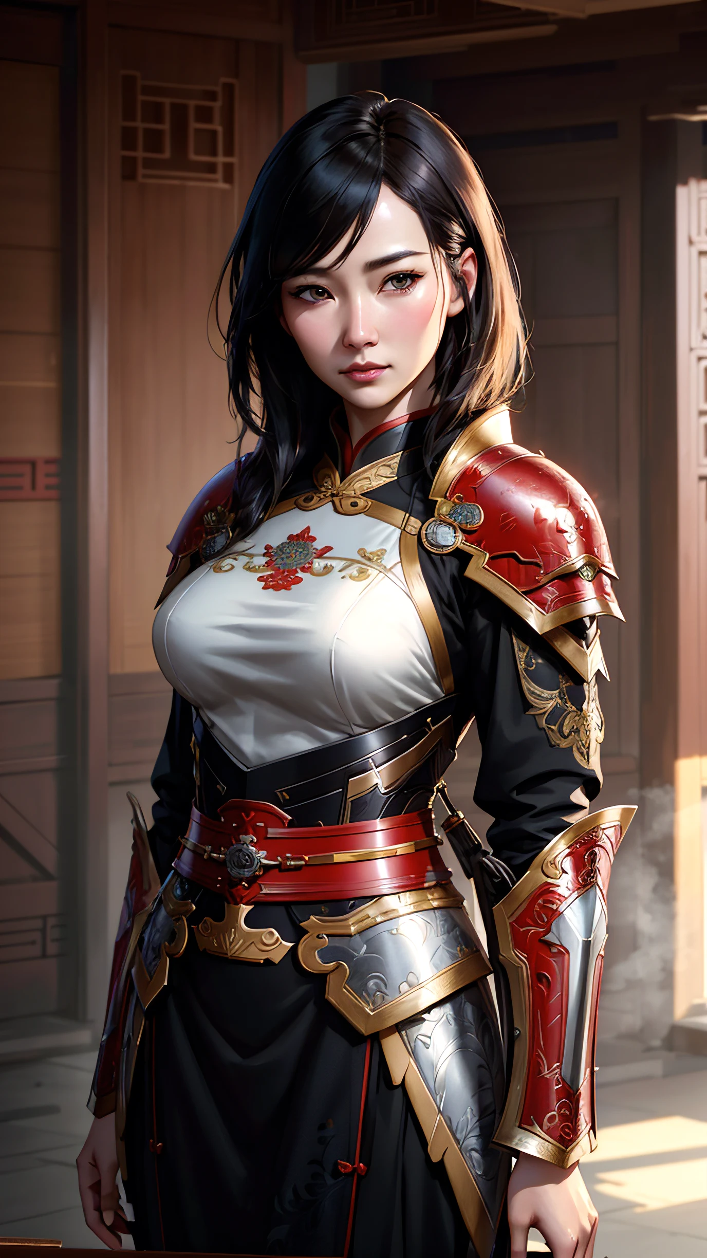 modelshoot style, (extremely detailed CG unity 8k wallpaper), full shot body photo of the most beautiful artwork in the world, , Atey Ghailan, Studio Ghibli, by Jeremy Mann, Greg Manchess, trending on ArtStation, trending on CGSociety, Intricate, detailed, detailed armor, realistic fabric texture, volumetric lighting, subsurface scattering, good anatomy, good proportions, High Detail, Sharp focus, dramatic, ((zskuijia), ((detailed Chinese armor)), ((ancient chinese armor)), (hanfu:1.2), realistic background, (beautiful asian face), (ultra-detailed,masterpiece), (photorealistic:1.5), (mature adult:1.6)
((art by adam hughes)), (highest quality illustration),
(masterpiece, award winning, best quality:1.3)