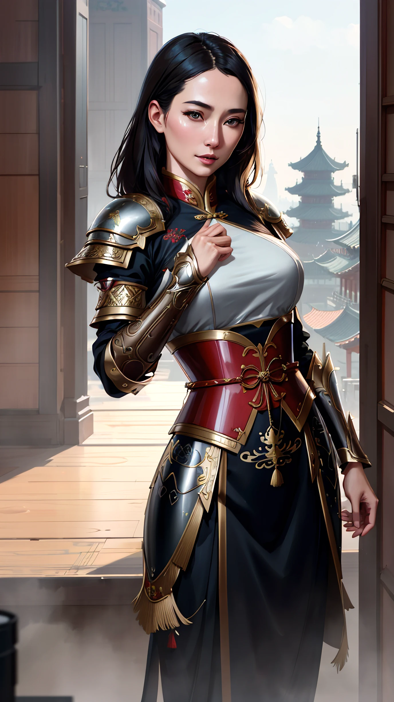 modelshoot style, (extremely detailed CG unity 8k wallpaper), full shot body photo of the most beautiful artwork in the world, , Atey Ghailan, Studio Ghibli, by Jeremy Mann, Greg Manchess, trending on ArtStation, trending on CGSociety, Intricate, detailed, detailed armor, realistic fabric texture, volumetric lighting, subsurface scattering, good anatomy, good proportions, High Detail, Sharp focus, dramatic, cinematic, dynamic pose, ((zskuijia)), ((detailed Chinese armor)), ((ancient chinese armor)), (hanfu:1.2), realistic background, (beautiful asian face), (ultra-detailed,masterpiece), (photorealistic:1.5), (mature adult:1.6)
((art by adam hughes)), (highest quality illustration), (line art:1.25), (2D)
(masterpiece, award winning, best quality:1.3)