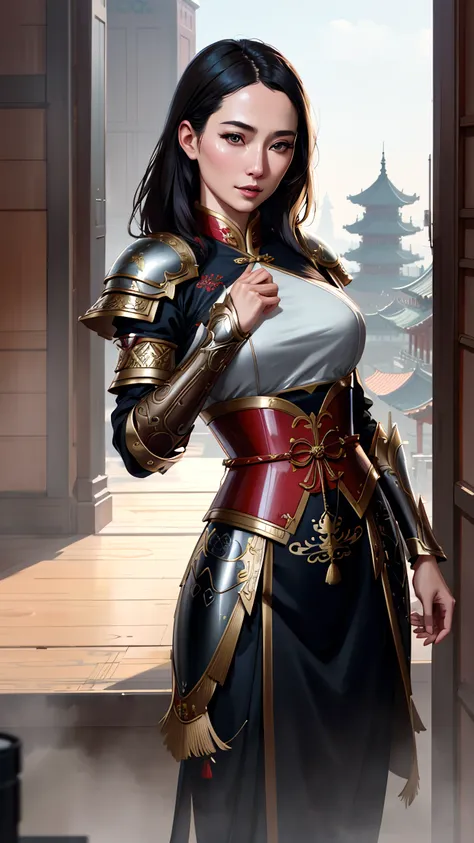 modelshoot style, (extremely detailed CG unity 8k wallpaper), full shot body photo of the most beautiful artwork in the world, , Atey Ghailan, Studio Ghibli, by Jeremy Mann, Greg Manchess,  trending on ArtStation, trending on CGSociety, Intricate, detailed, detailed armor, realistic fabric texture, volumetric lighting, subsurface scattering, good anatomy, good proportions, High Detail, Sharp focus, dramatic, cinematic, dynamic pose, ((zskuijia)), ((detailed Chinese armor)), ((ancient chinese armor)), (hanfu:1.2), realistic background, (beautiful asian face), (ultra-detailed,masterpiece), (photorealistic:1.5), (mature adult:1.6)
((art by adam hughes)), (highest quality illustration), (line art:1.25), (2D)
(masterpiece, award winning, best quality:1.3)