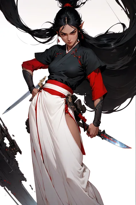 Best quality,masterpiece,ultra high res,(photorealistic:1.5)1woman,weapon,sword,long hair,black hair,ponytail,pointy ears,dark skin,large breasts,white background,solo,blood,arm guards,night jungle,blood on weapon,looking at viewer,blue eyes,tabi,floating hairfull body,<lora:wuxia:0.66>,upper body,jumper,hands on hips, perfect lighting, perfect shading, dynamic pose, cinematic, (hanfu:1.2),(japanese armor),(flat color:1.25), (mature adult:1.4), stylistic splash background