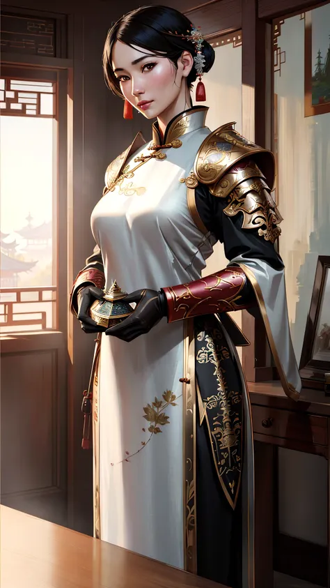 modelshoot style, (extremely detailed CG unity 8k wallpaper), full shot body photo of the most beautiful artwork in the world, , Atey Ghailan, Studio Ghibli, by Jeremy Mann, Greg Manchess, trending on ArtStation, trending on CGSociety, Intricate, detailed, detailed armor, realistic fabric texture, volumetric lighting, subsurface scattering, good anatomy, good proportions, High Detail, Sharp focus, dramatic, ((zskuijia), ((detailed Chinese armor)), ((ancient chinese armor)), (hanfu:1.2), realistic background, (beautiful asian face), (ultra-detailed,masterpiece), (photorealistic:1.5), (mature adult:1.6)
((art by adam hughes)), (highest quality illustration),
(masterpiece, award winning, best quality:1.3)