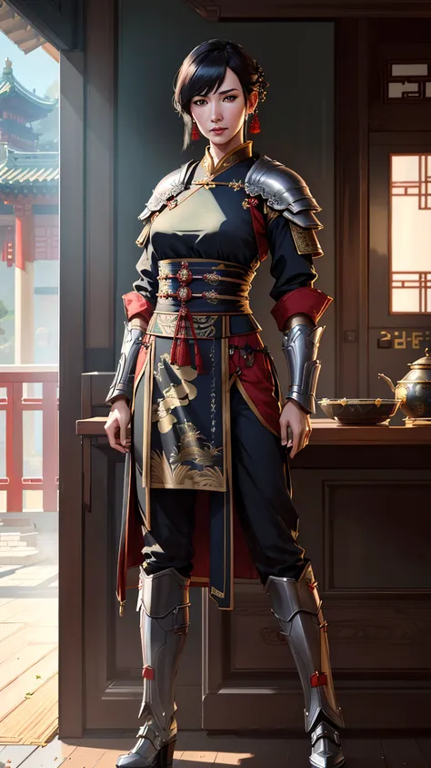 modelshoot style, (extremely detailed CG unity 8k wallpaper), full shot body photo of the most beautiful artwork in the world, , Atey Ghailan, Studio Ghibli, by Jeremy Mann, Greg Manchess, trending on ArtStation, trending on CGSociety, Intricate, detailed, detailed armor, realistic fabric texture, volumetric lighting, subsurface scattering, good anatomy, good proportions, High Detail, Sharp focus, dramatic, cinematic, dynamic pose, ((zskuijia)), ((detailed Chinese armor)), ((ancient chinese armor)), (hanfu:1.2), realistic background, (beautiful asian face), (ultra-detailed,masterpiece), (photorealistic:1.5), (mature adult:1.6)
((art by adam hughes)), (highest quality illustration), (line art:1.25), (2D)
(masterpiece, award winning, best quality:1.3)