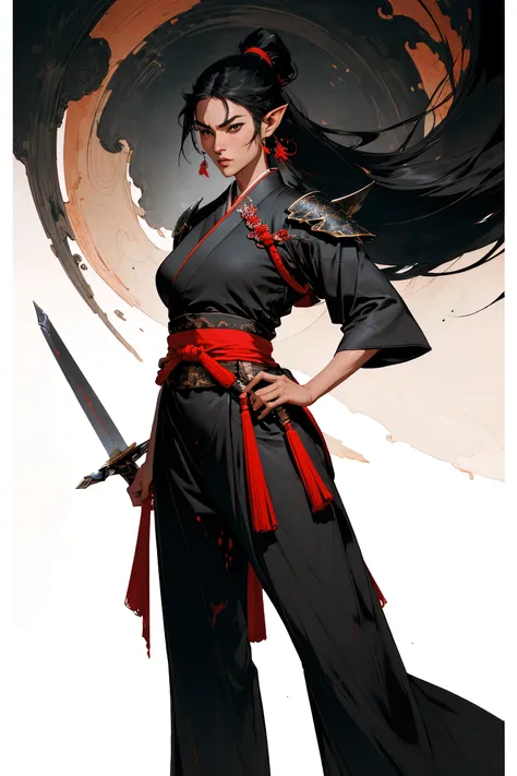 Best quality,masterpiece,ultra high res,(photorealistic:1.5)1woman,weapon,sword,long hair,black hair,ponytail,pointy ears,dark skin,large breasts,white background,solo,blood,arm guards,night jungle,blood on weapon,looking at viewer,blue eyes,tabi,floating hairfull body,<lora:wuxia:0.66>,upper body,jumper,hands on hips, perfect lighting, perfect shading, dynamic pose, cinematic, (hanfu:1.2),(japanese armor),(flat color:1.25), (mature adult:1.4), stylistic splash background