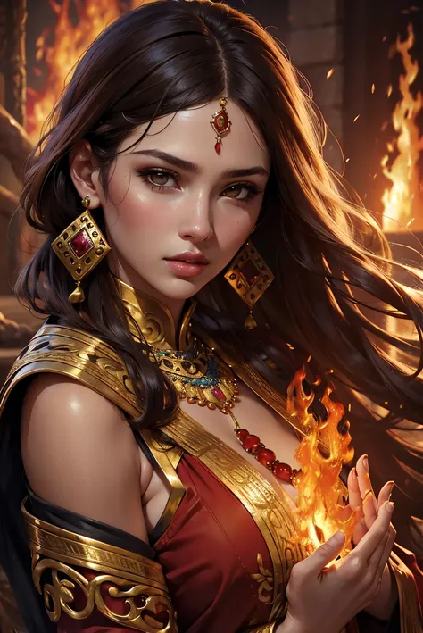 Best quality,masterpiece,ultra high res,(photorealistic:1.4)1girl,beautiful_face,detailed skin,full body,<lora:yuhuoshu:0.6>,yuhuoshu,jewelry,solo,earrings,(fire:1.3),blurry,realistic,lips,