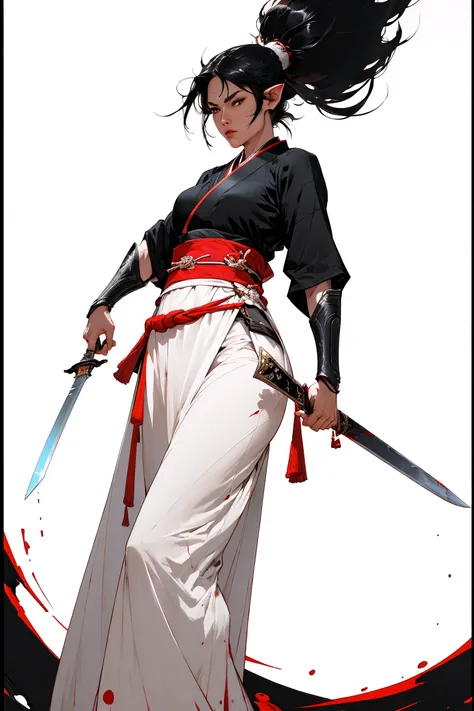 Best quality,masterpiece,ultra high res,(photorealistic:1.5)1woman,weapon,sword,long hair,black hair,ponytail,pointy ears,dark skin,large breasts,white background,solo,blood,arm guards,night jungle,blood on weapon,looking at viewer,blue eyes,tabi,floating hairfull body,<lora:wuxia:0.66>,upper body,jumper,hands on hips, perfect lighting, perfect shading, dynamic pose, cinematic, (hanfu:1.2),(japanese armor),(flat color:1.25), (mature adult:1.4), stylistic splash background