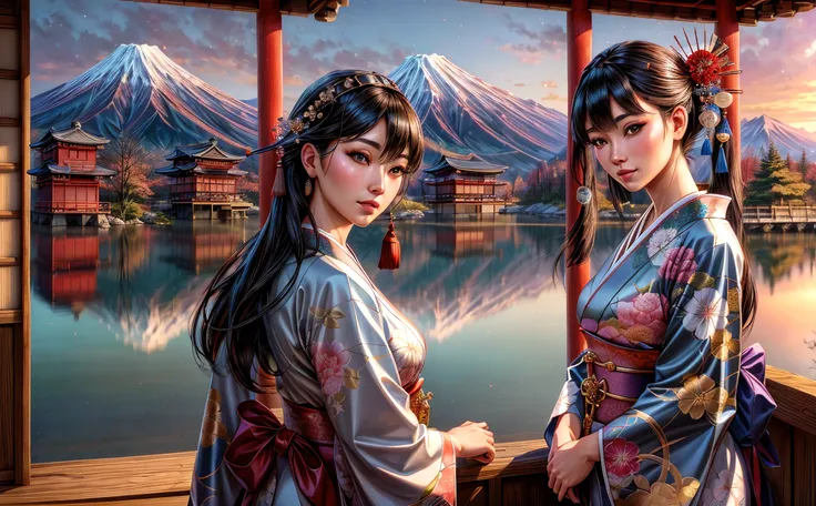 (japanese:1.4), beautiful face, highly detailed face, highly detailed eyes, perfect eyes, perfect lips, oil on matte canvas, (solo:1.55), (a woman in a kimono standing in front of a open doorway), (view of placid lake and a boat on the water, and a mountain range in the background), (sunset), (a detailed matte painting), (ancient japanese village), hanfu:0.5, sharp details, intricate, highly detailed, digital painting, rich color, smooth, sharp focus, illustration, epic, Unreal Engine 5, 8K, art by artgerm and greg rutkowski and alphonse mucha <lora:add_detail:1>, (mature adult:1.6), (photorealistic:1.37),