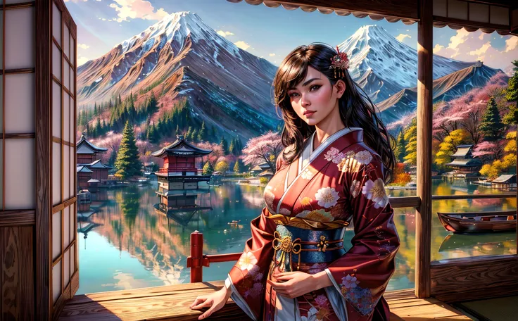(japanese:1.4), beautiful face, highly detailed face, highly detailed eyes, perfect eyes, perfect lips, oil on matte canvas, (solo:1.5), (a woman in a kimono standing in front of a open doorway), (view of placid lake and a boat on the water, and a mountain range in the background), (a detailed matte painting), (ancient japanese village), hanfu:0.5, sharp details, intricate, highly detailed, digital painting, rich color, smooth, sharp focus, illustration, epic, Unreal Engine 5, 8K, art by artgerm and greg rutkowski and alphonse mucha <lora:add_detail:1>, (mature adult:1.6)