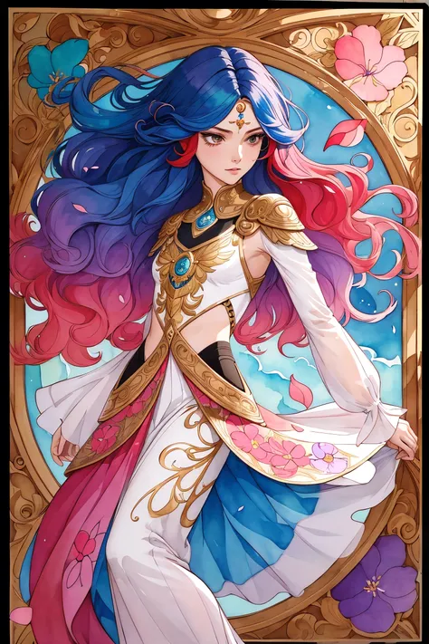 tide play,luxray, split color hair, wind, flying petals, stainedglassai, ornamental, intricate details, dufkova, 2d, lineart, watercolor, ink watercolor, random color hair, super long hair, wavy, 1girl,alraune,flower, alraune, detailed, intricate, perfect lighting, perfect shading, (flat color:1.3), (2D:1.3), (masterpiece, award winning, best quality:1.25)