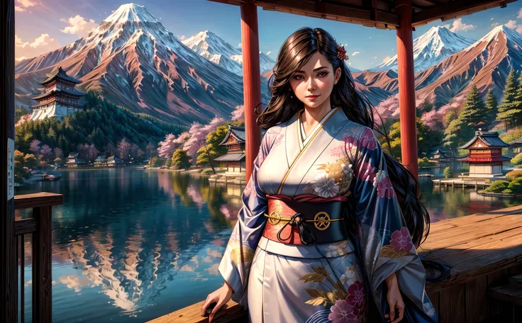 (japanese:1.4), beautiful face, highly detailed face, highly detailed eyes, perfect eyes, perfect lips, oil on matte canvas, (solo:1.55), (a woman in a kimono standing in front of a open doorway), (view of placid lake and a boat on the water, and a mountain range in the background), (a detailed matte painting), (ancient japanese village), hanfu:0.5, sharp details, intricate, highly detailed, digital painting, rich color, smooth, sharp focus, illustration, epic, Unreal Engine 5, 8K, art by artgerm and greg rutkowski and alphonse mucha <lora:add_detail:1>, (mature adult:1.6)