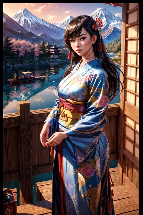 (japanese:1.4), beautiful face, highly detailed face, highly detailed eyes, perfect eyes, perfect lips, oil on matte canvas, (solo:1.55), (a woman in a kimono standing in front of a open doorway), (view of placid lake and a boat on the water, and a mountain range in the background), (sunset), (a detailed matte painting), (ancient japanese village), hanfu:0.5, sharp details, intricate, highly detailed, digital painting, rich color, smooth, sharp focus, illustration, epic, Unreal Engine 5, 8K, art by artgerm and greg rutkowski and alphonse mucha <lora:add_detail:1>, (mature adult:1.6), (photorealistic:1.37), (comic style), (2D:1.3), ((empty hands))