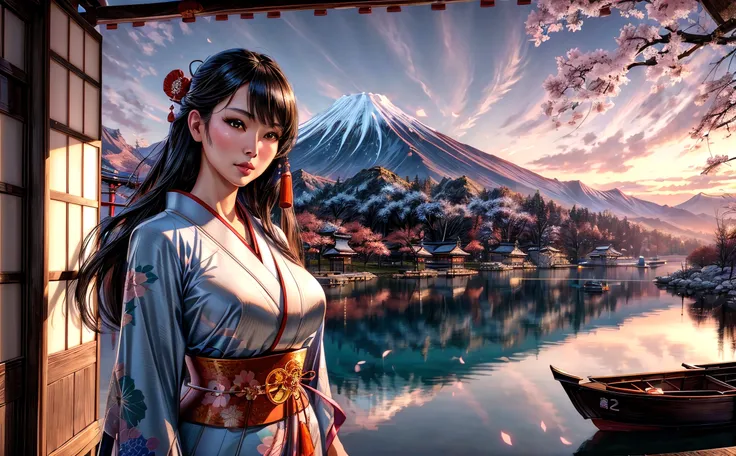 (japanese:1.4), beautiful face, highly detailed face, highly detailed eyes, perfect eyes, perfect lips, oil on matte canvas, (solo:1.55), (a woman in a kimono standing in front of a open doorway), (view of placid lake and a boat on the water, and a mountain range in the background), (sunset), (a detailed matte painting), (ancient japanese village), hanfu:0.5, sharp details, intricate, highly detailed, digital painting, rich color, smooth, sharp focus, illustration, epic, Unreal Engine 5, 8K, art by artgerm and greg rutkowski and alphonse mucha <lora:add_detail:1>, (mature adult:1.6), (photorealistic:1.37), (comic style), (2D:1.3),
