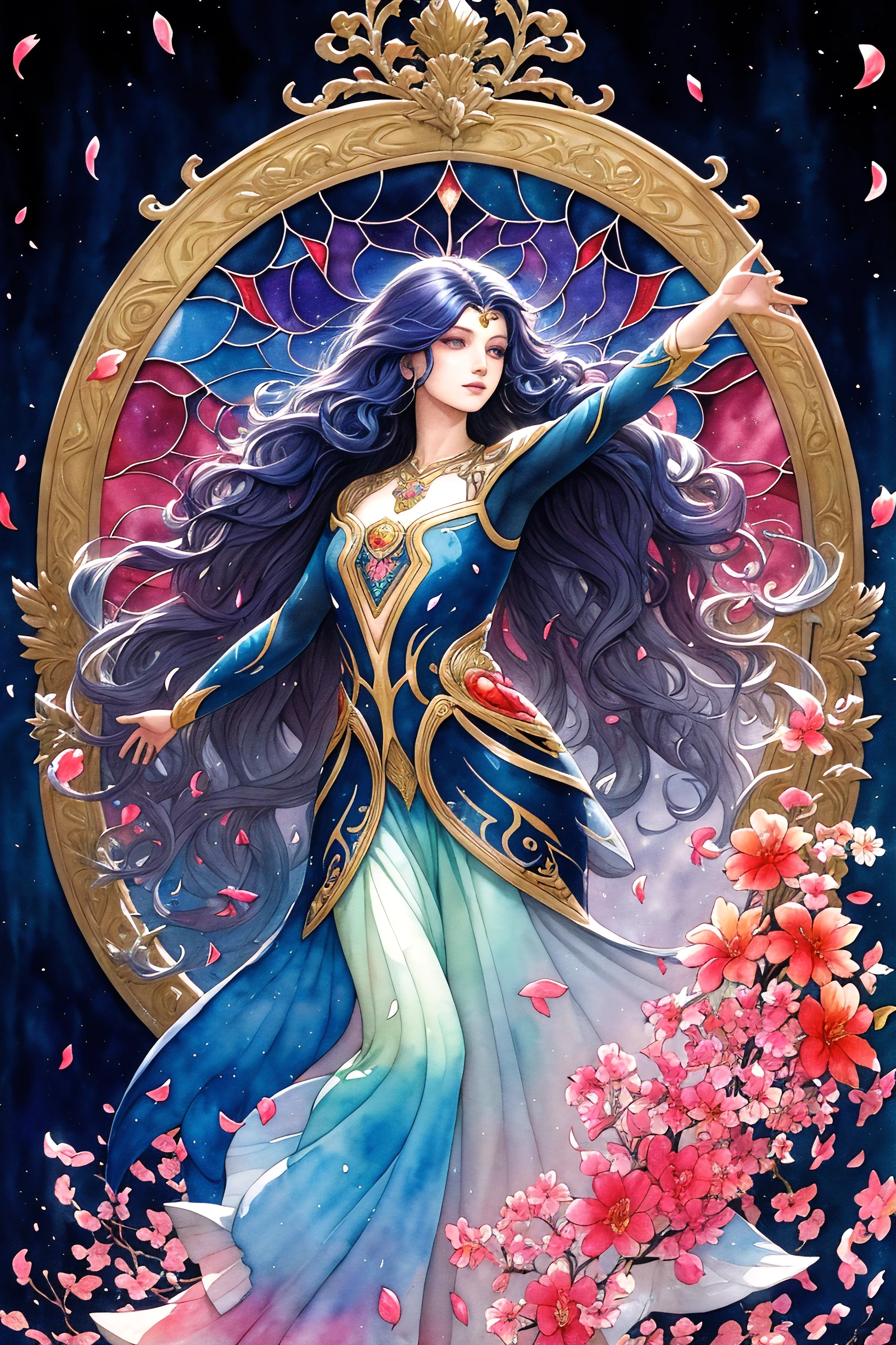 tide play,luxray, split color hair, wind, flying petals, stainedglassai, ornamental, intricate details, dufkova, 2d, lineart, watercolor, ink watercolor, random color hair, super long hair, wavy, 1girl,alraune,flower, alraune,