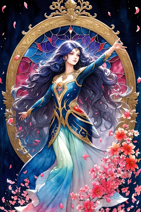 tide play,luxray, split color hair, wind, flying petals, stainedglassai, ornamental, intricate details, dufkova, 2d, lineart, watercolor, ink watercolor, random color hair, super long hair, wavy, 1girl,alraune,flower, alraune,