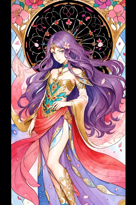 tide play,luxray, split color hair, wind, flying petals, stainedglassai, ornamental, intricate details, dufkova, 2d, lineart, watercolor, ink watercolor, random color hair, super long hair, wavy, 1girl,alraune,flower, alraune, detailed, intricate, perfect lighting, perfect shading, (flat color:1), (2D:1), (masterpiece, award winning, best quality:1.25), (mature adult:1.3)