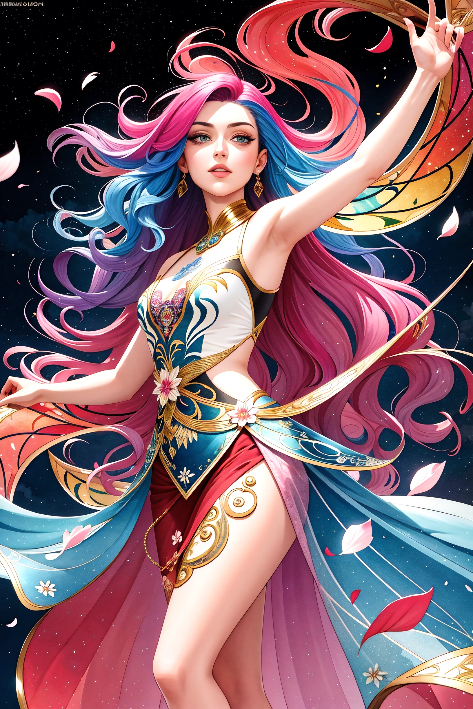 tide play,luxray, split color hair, wind, flying petals, stainedglassai, ornamental, intricate details, dufkova, 2d, lineart, watercolor, ink watercolor, random color hair, super long hair, wavy, 1girl,alraune,flower, alraune, detailed, intricate, perfect lighting, perfect shading, (flat color:1), (2D:1), (masterpiece, award winning, best quality:1.25), (mature adult:1.3)