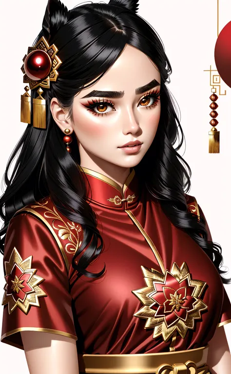 masterpiece, best quality, realistic, bjopera, close up, ((red furry ball)), jewelry, 1girl in costume, black hair, make up, eyeliner, flower, painted eyebrows, pattern clothing, textured, ultra detailed, chinese dress, beautiful face, ((embroidery)), white background, (red_smoke:1), <lora:MazzDMD:0.7>, <lora:FilmG2:0.4>