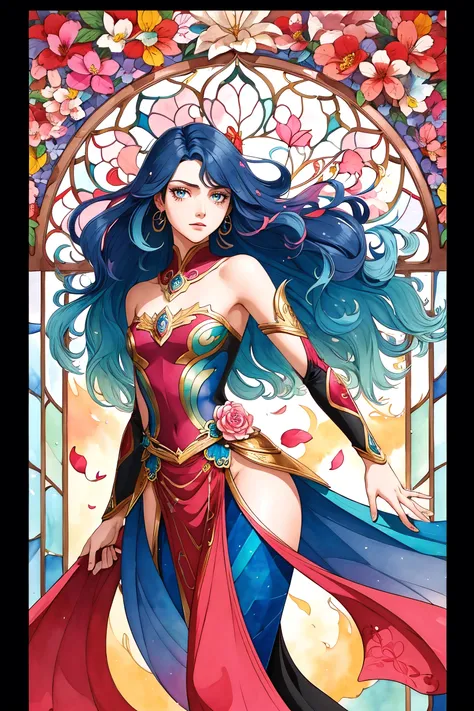 tide play,luxray, split color hair, wind, flying petals, stainedglassai, ornamental, intricate details, dufkova, 2d, lineart, watercolor, ink watercolor, random color hair, super long hair, wavy, 1girl,alraune,flower, alraune, detailed, intricate, perfect lighting, perfect shading, (flat color:1), (2D:1), (masterpiece, award winning, best quality:1.25), (mature adult:1.3)
