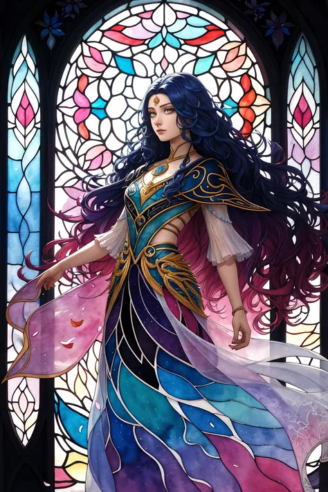 tide play,luxray, split color hair, wind, flying petals, stainedglassai, ornamental, intricate details, dufkova, 2d, lineart, watercolor, ink watercolor, random color hair, super long hair, wavy, 1girl,alraune,flower, alraune, detailed, intricate, perfect lighting, perfect shading, (flat color:1.3), (2D:1.3)