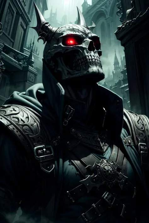best quality, masterpiece, Acetic acid (CH3COOH) portrait, looking up, solo, upper body, detailed background, (<lora:VampiricTech:0.6>, vamptech theme:1.1), blood, interrogator, serious expression, silver trimmed elaborate leather clothes, coat, cape, straps, belts, skull symbols, pockets, buckles, hood, dark cellar in background, winter, mysterious atmosphere, dim lighting, shadows, warhammer dark fantasy,,