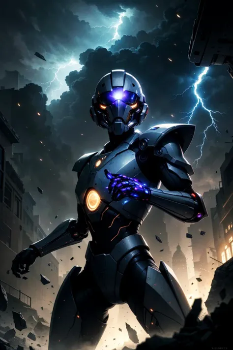 best quality, masterpiece, Moscovium solo, (full body:0.6), looking at viewer, detailed background, detailed face, (<lora:kVoidEnergy-000001:0.5>, V0id3nergy, void theme:1.1), future trooper, infantry, wearing plated armor, goggles, scars, helmet, holographics, insignia, smirk, bionic eye, battle-stance, movement, cybernetic implants, lightning <lora:LightingVFX:0.1> in background, storm, bokeh, cinematic atmosphere,,