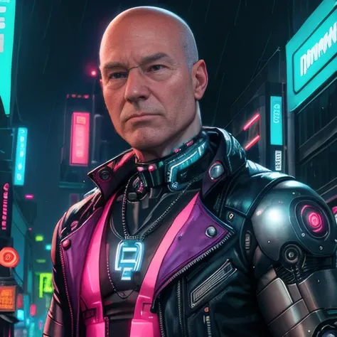 1boy, 3/4 body, 3d, (cybernetic implants:1.3), cyberpunk, netrunner, signs, streetlights, nightcity in background, night, neon lights, neon, building, cyber punk clothing, photo background, rain, raining, wet, wet skin water dripping, <lora:zoom_slider_v1:-3> x men, professor x, 1boy, bald, bald head looking at viewer, male focus, necklace, old, realistic, signature, solo, upper body <lora:weight_slider_v2:1>