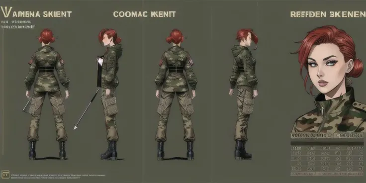 (character sheet of a woman with red hair camouflage military style clothing jacket pant) brown skin type, complexion body gym, camouflage military style clothing jacket pant, coffe boots, (reference sheet:1.8), professional complex 3d render ultra detailed , valorant visual design 3d, trending on ArtStation, manga character design, Intricate, High Detail, Sharp focus,