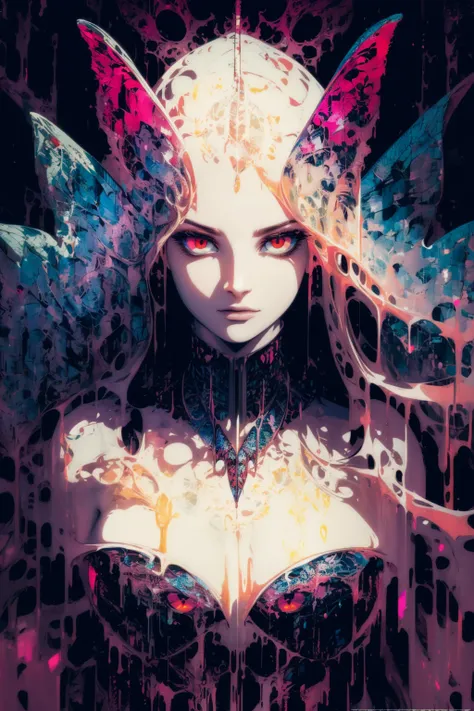 Ambilight, masterpiece, ultra-high quality,(ultra detailed original illustration), Perfil Portrait of a beautiful Demon Girl, Upper body, ((Evil Fashion)), (Red Eyes:1.5, Double exposure, fussion of fluid abstract art, Glitch, 2D),(Gothic Oiginal illustration composition),( fusion of limited color, Fractal Geometric, butterflies, Comic art) <lora:MoosMST2:0.5> <lora:add_detail:0.2> <lora:LanaRhoades-03:1>