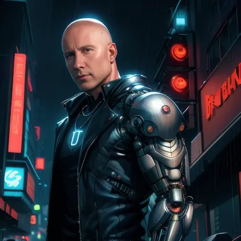 1boy, 3/4 body, 3d, large eyes, (cybernetic implants:1.3), cyberpunk, netrunner, signs, streetlights, nightcity in background, night, neon lights, neon, building, business suit, photo background, rain, raining, wet, wet skin water dripping, <lora:zoom_slider_v1:-3> Michael Rosenbaum as lex luthor ,1boy, bald, bald head looking at viewer, male focus, necklace, old, realistic, signature, solo, upper body, fine-face, realistic shaded perfect face, fine details. Night setting. Very anime style. Realistic shaded lighting poster by Ilya Kuvshinov katsuhiro, magali villeneuve, artgerm, Jeremy Lipkin and Michael Garmash, Rob Rey and Kentarõ Miura style, trendin