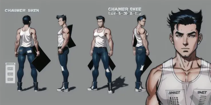 (character sheet:1.6) of 1 Men, 35 age old, with black hair, skin color brawn (white tank top:1.3), complexion body gym, blue dark jeans, black boots, (reference sheet:1.8), professional complex 3d render ultra detailed manga stillize , valorant visual design 3d, trending on ArtStation, manga character design, Intricate, High Detail, Sharp focus,