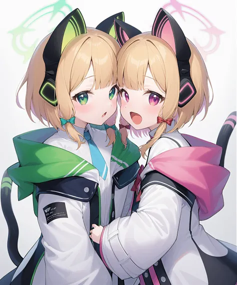 momoi \(blue archive\),midori \(blue archive\),looking at viewer,blush,open mouth,multiple girls,long sleeves,bow,2girls,jacket,tail,:d,hair bow,parted lips,hood,red bow,cat tail,headphones,halo,white jacket,on stomach,sisters,hooded jacket,two-tone background,twins,animal ear headphones,cat ear headphones,<lora:sister_(blue_archive)_image1053_2023-11-18_spv:1>,. gorgeous,key visual,vibrant,studio anime,award-winning,professional,highly detailed,high budget,cinemascope,