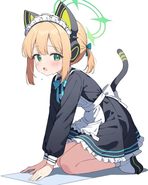 midori \(blue archive\),1girl, solo, halo, white_background, simple_background, maid_headdress, alternate_costume, looking_at_viewer, maid, cat_tail, blush, open_mouth, cat_ear_headphones, long_sleeves, clothes_lift, frills, holding, apron, from_side, sidelocks, black_dress, bowtie, sweat, short_twintails, sweatdrop, leaning_forward, feet_out_of_frame
<lora:sister_(blue_archive)_image1053_2023-11-18_spv:1>. gorgeous,key visual, vibrant, studio anime,award-winning, professional, highly detailed,high budget, cinemascope