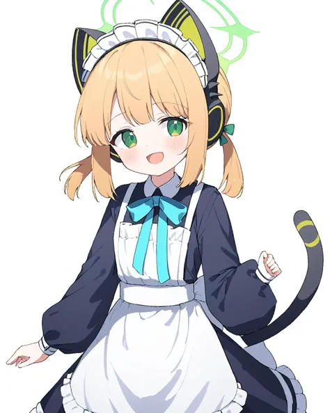 midori \(blue archive\), 1girl, solo, looking at viewer, blush, smile, open mouth, bangs, blonde hair, simple background, long sleeves, white background, dress, bow, holding, animal ears, twintails, green eyes, tail, :d, hair bow, alternate costume, puffy sleeves, apron, black dress, cat tail, maid, maid headdress, fake animal ears, headphones, halo, white apron, green bow, maid apron, frilled apron, enmaided, animal ear headphones, cat ear headphones<lora:sister_(blue_archive)_image1053_2023-11-18_spv:1>. gorgeous,key visual, vibrant, studio anime,award-winning, professional, highly detailed,high budget, cinemascope