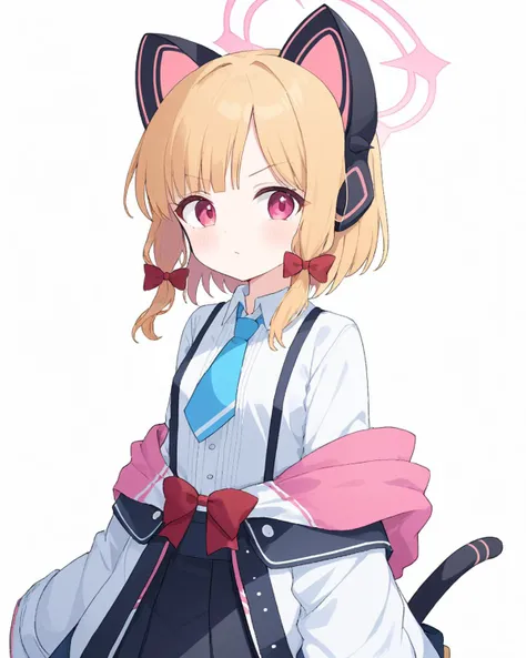momoi \(blue archive\), 1girl, solo, looking at viewer, blush, bangs, skirt, blonde hair, simple background, shirt, red eyes, long sleeves, white background, bow, animal ears, jacket, tail, white shirt, hair bow, sidelocks, pleated skirt, open clothes, necktie, collared shirt, cat ears, black skirt, pink eyes, off shoulder, red bow, cat tail, parted bangs, fake animal ears, headphones, halo, white jacket, suspenders, multicolored clothes, blue necktie, :t, pout, multicolored jacket, animal ear headphones, cat ear headphones<lora:sister_(blue_archive)_image1053_2023-11-18_spv:1>. gorgeous,key visual, vibrant, studio anime,award-winning, professional, highly detailed,high budget, cinemascope