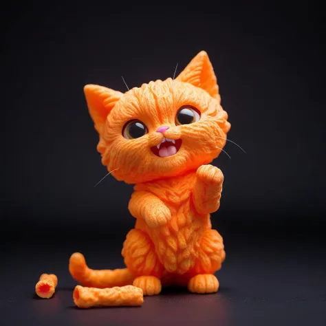 Food photography style cute chibi cat made from cheeto <lora:Style_soph-Cheetos-SDXL:0.8> standing, begging for snack, being handed a cheeto . Appetizing, professional, culinary, high-resolution, commercial, highly detailed