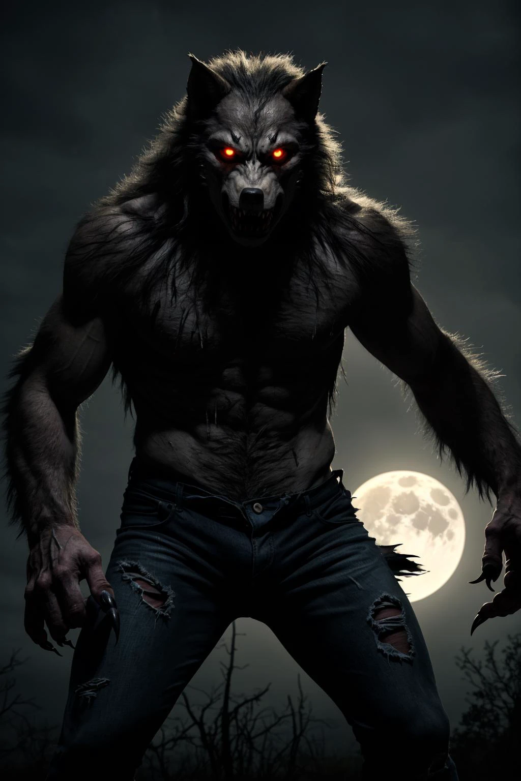 still from a horror movie of, a werewolf, dramatic light, torn clothing, full moon, claws,