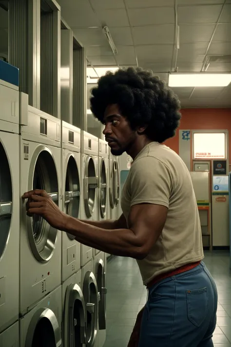 still from a 1970s movie of, a 30yo black male, at a laundromat, afro, vivid colors, film grain, cinematic light, from side,