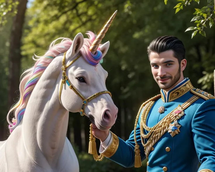 photograph, ultra realistic, a unicorn standing next to man, in the forest with sunshine, a castle in the distance, BREAK
a large white unicorn, (two ears), looking at the viewer, sparkly crushed-glass horn, long golden mane, festooned with jewels and rainbow ribbons, BREAK
1man, Prince Charming, 30yo, extremely handsome, rugged, virile, muscular, black hair, blue eyes, stubble, wearing a royal blue uniform with golden embellishments, joyful expression, offering the unicorn a green apple, detailed hands, detailed face, BREAK