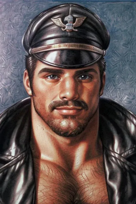 <lora:TomFin:0.8> t0f, colored pencil drawing of a man, portrait, stache with stubble, leather cap, leather jacket, shirtless, muscular, hairy, best quality