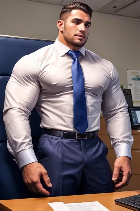 1 man, solo, 40 years old, Chris Redfield, wearing a white T-shirt, looking at the camera, military pattern trouser, (soft smirk), tall and hunk, biceps, abs, bulge , spread legs best quality, masterpiece, high resolution:1.2, upper body shot, office background