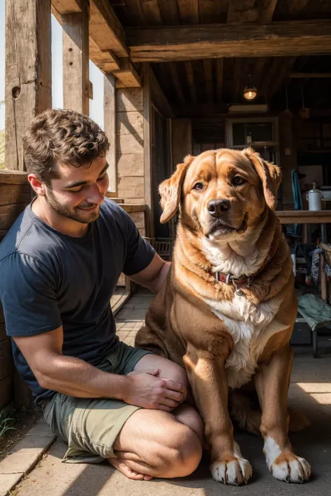 candid photograph of, a 30yo male, petting a cute large dog,  <lora:more_details:0.1>, natural light,