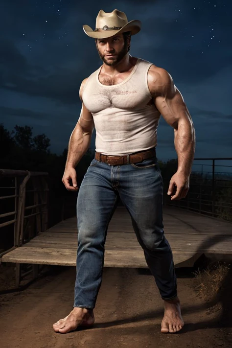 wolverine, nighttime, jeans, tshirt, cowboy hat, walking on a metal bridge, ((5 toes)), (foot focus), ((perfect feet)),  detailed toes, ((barefoot)), (((masterpiece, best quality, ultra-detailed))), ((((((full body)))))), ((beard)), (((thick thighs)))  <lora:WolverJ:0.75>