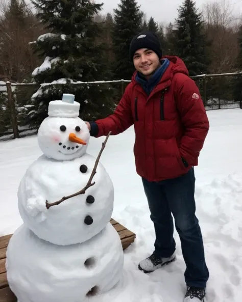 (masterpiece), 28yo boy average guy, (pleased, making a snowman),