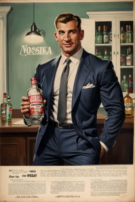 1950s vodka ad featuring, a muscular businessman, painterly, print ad, logotype, handsome,